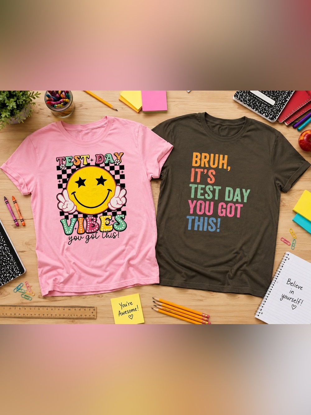 BUNDLE of 2 Teacher Test Day Graphic T-Shirts Women’s-cut Medium 100% Cotton